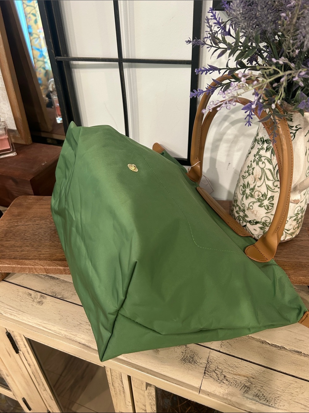 Green Nylon Tote with Tan Trim by Longchamp - Picture 5 of 7